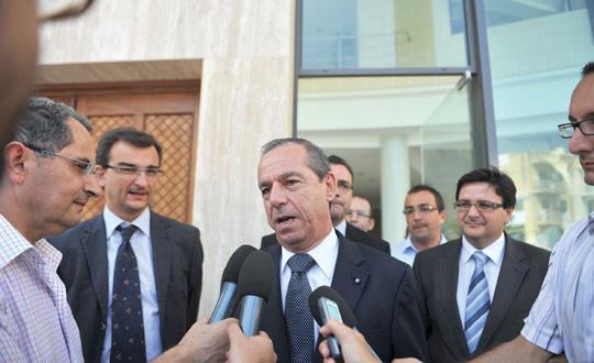 Prime Minister Lawrence Gonzi speaking to reporters shortly after a parliamentary group meeting to discuss the divorce Bill.