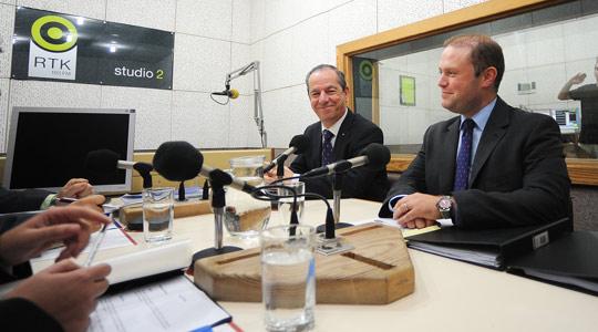 Lawrence Gonzi and Joseph Muscat went head to head yesterday for the first time over the next Budget. Photo: Matthew Mirabelli